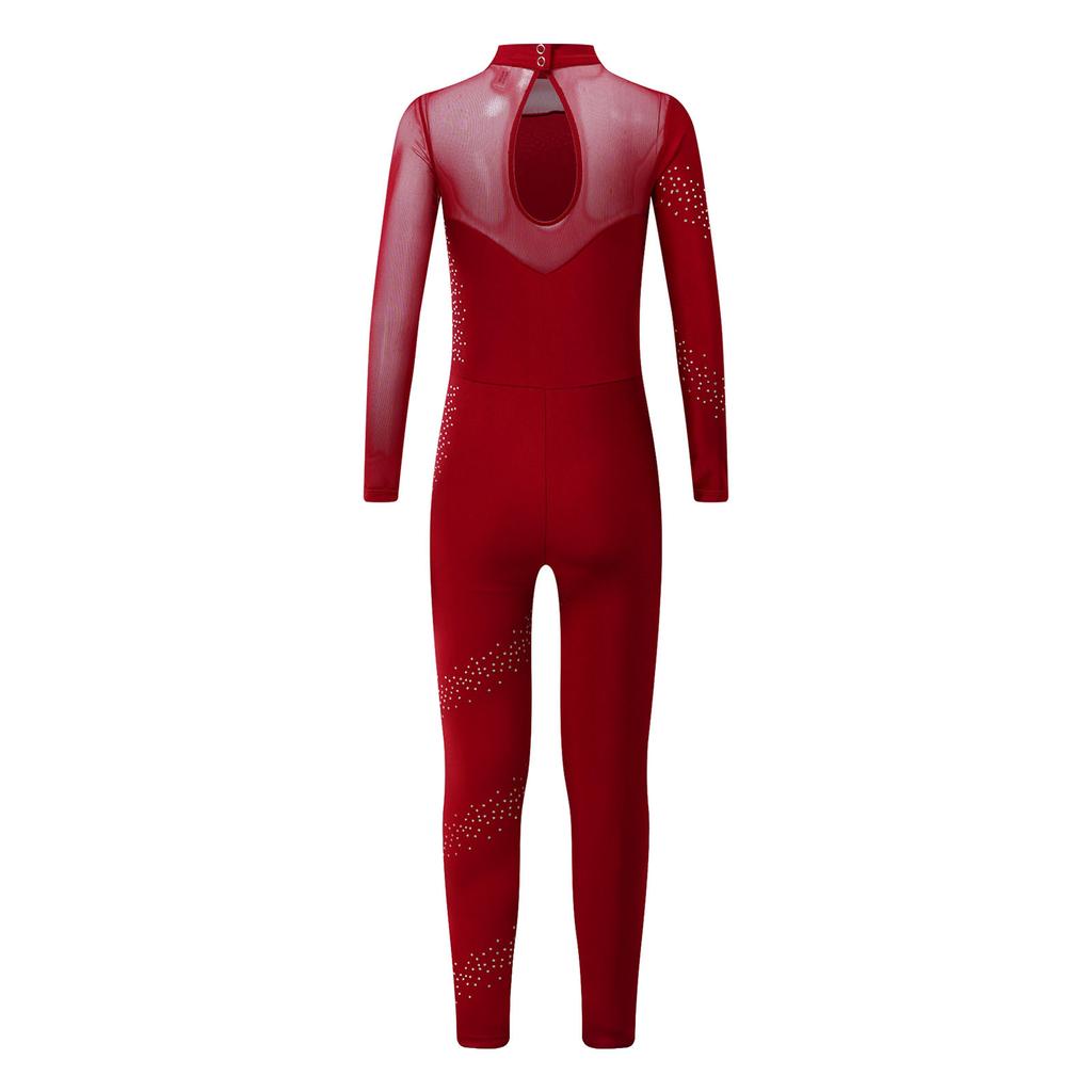 Rhinestone Gymnastics Leotard Full Body Jumpsuit Kids Girls Long Sleeve Sports Body Ballet Unitard Jersey Performance Dancewear