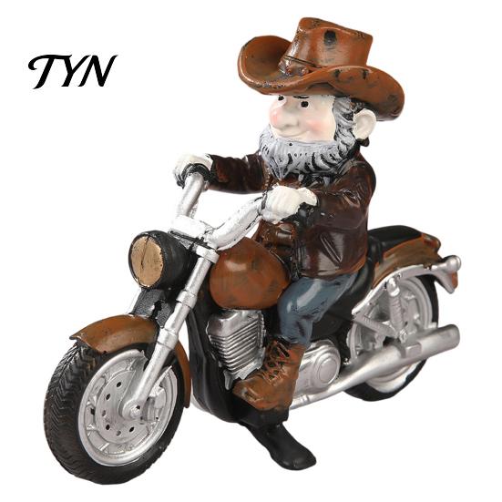 Retro Style Figurines Motorcycle Gnome Figurine with Leather Jacket & Sunglasses, Resin Western Cowboy Statue for Garden Indoor Tabletop Ornament