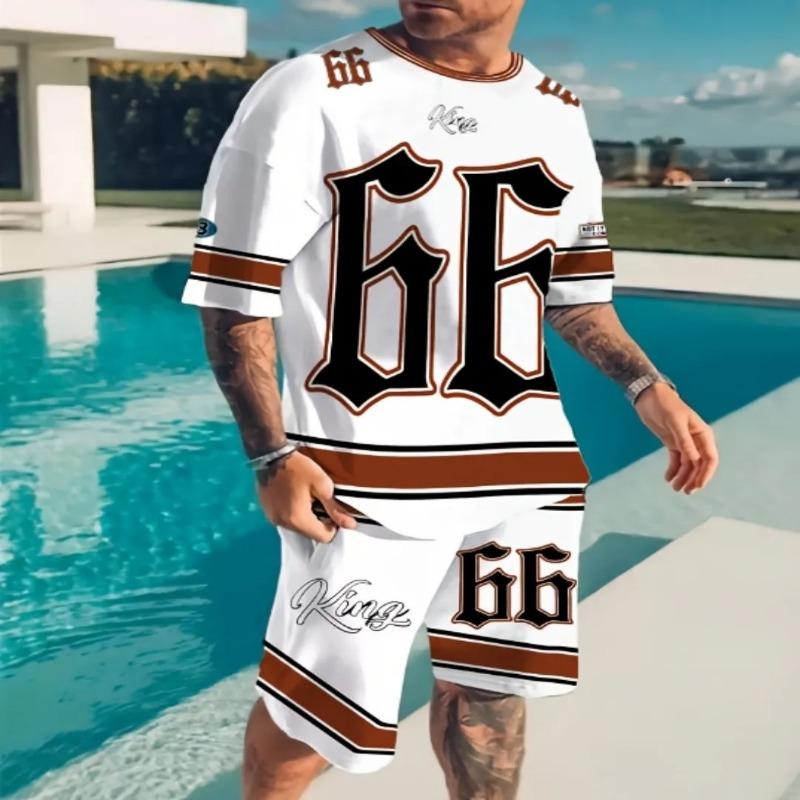 2025 Летний спортивный комплект из 2 предметов для мужчин, футболка с короткими рукавами и принтом в виде цветных блоков, шорты, комплект для бега, для улицы, для мужчин, светлый