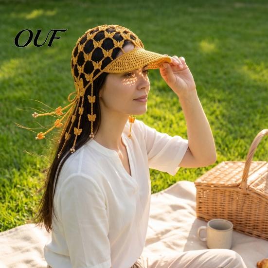 Boho Crochet Baseball Cap Cap, Knitted Hollow-Out Sun Hat, Breathable Knit Lightweight Yarn for Daily Wear Visor with Tassels Women Summer Beach
