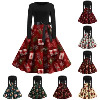 Женское модное повседневное платье приталенного кроя с круглым вырезом, рождественским принтом и длинными рукавами