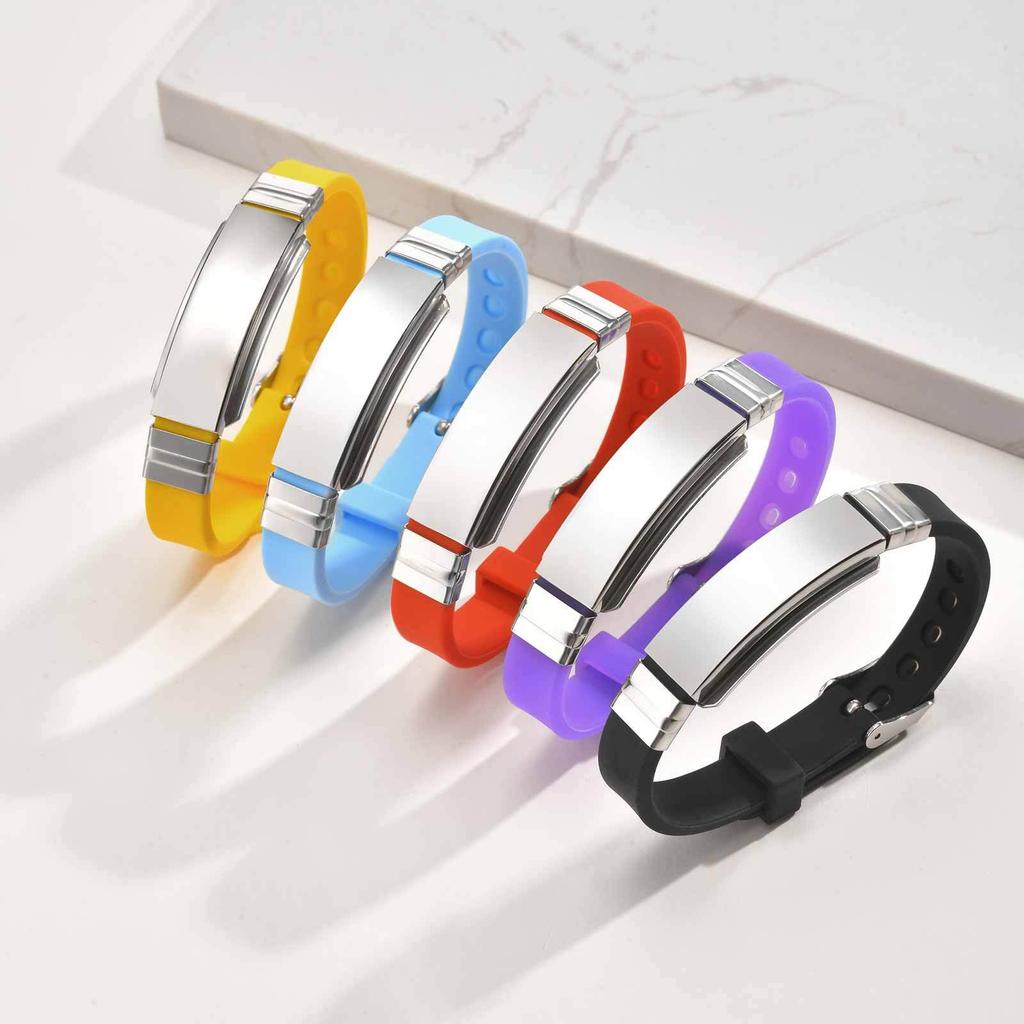 Vnox Free Customizable Engraving Adjustable Silicone Bracelet with Stainless Steel Plate, Soft Rubber Bangle Wristband for Men