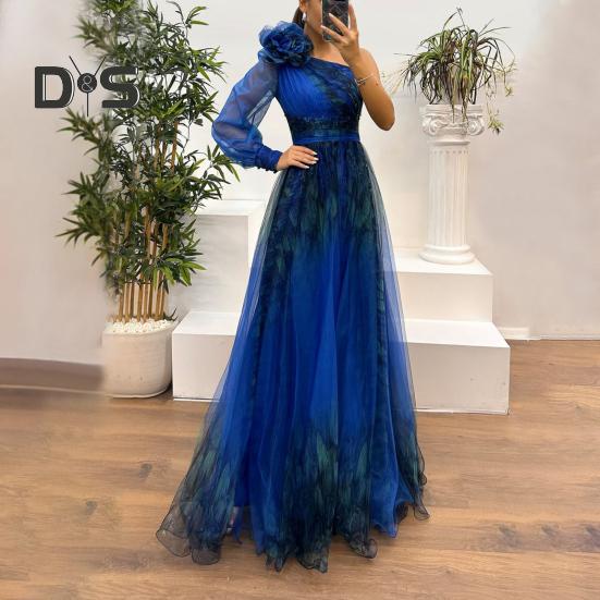 Женское вечернее платье с 3D-цветочным декором на одно плечо, плиссированное, сетчатое, банкетное платье, одно плечо, длинный рукав, тонкая талия, А-силуэт, длина до пола, разрез, подол, шар