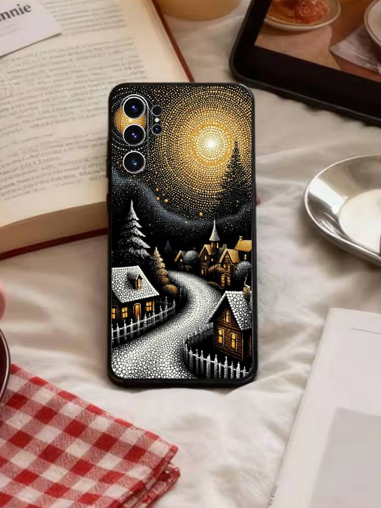 Whimsical landscape Starry Night Phone Case For Samsung S26,S25,S24,S23,S22,S21,S20,Ultra,Plus,FE Black Soft Cover