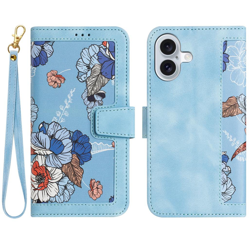For iPhone 16 Case Flower Pattern PU Leather Phone Cover with Card Slots