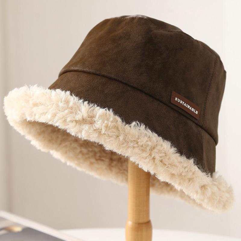 Retro versatile simple solid color fisherman hat children winter warm cold suede lamb wool plush basin hat