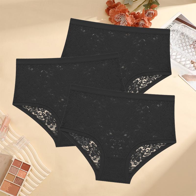 3PCS/Set Floral Embroidery Lace Panties Women's Plus Size Underwear Sexy Hollow Solid Briefs Girls Mid-Rise Temptation Lingerie