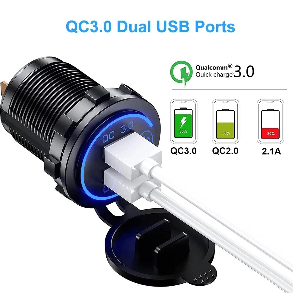 36W Dual USB Quick Charge 3.0 Car Charger Socket Waterproof 12V/24V QC3.0 USB Fast Charger Socket Power Outlet W/ Touch Switch