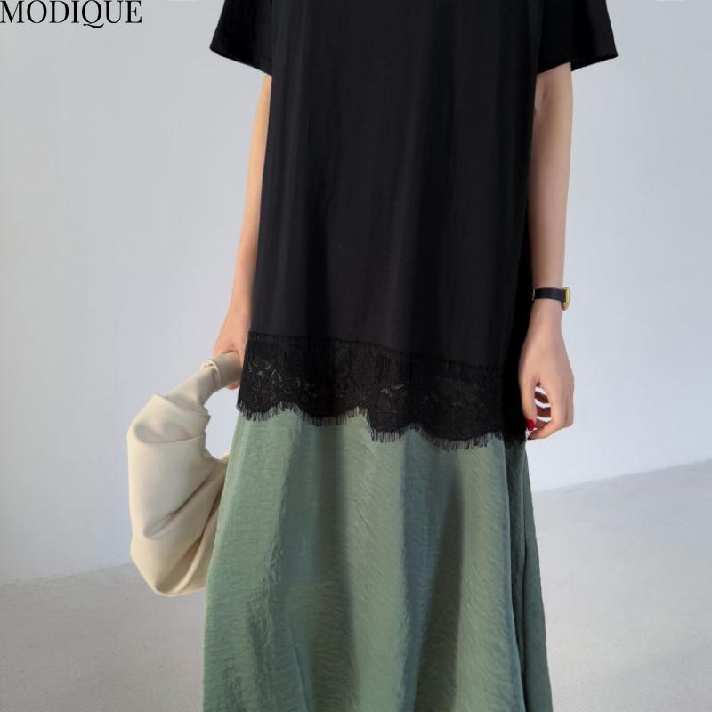 MODIQUE Summer Plus Size New Women Loose Elegant Printing Lace Pleated Patchwork Long Dress Female Casual Short Sleeve O-Neck Dresses