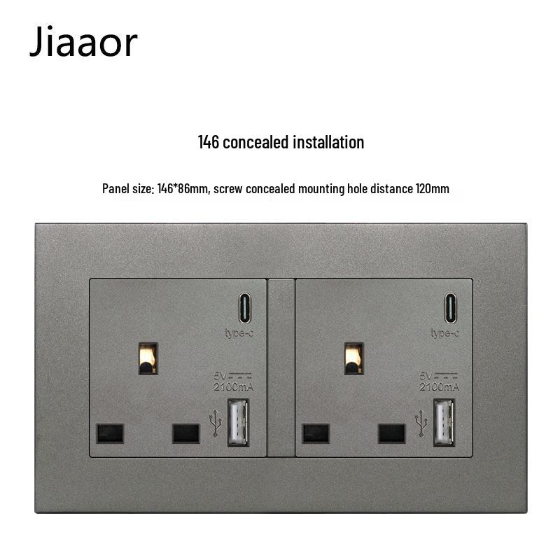 Серый британский стандарт двойная розетка с выключателем с USB и Type C - совместимая с Гонконгом/Макао, скрытого типа 86