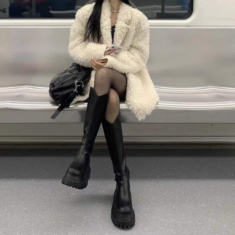 Ботинки рыцаря Spice girl 2025 новые ботинки женские осенне-зимние на толстой подошве с увеличением роста кожаные ботинки высокоэластичные тонкие ботинки