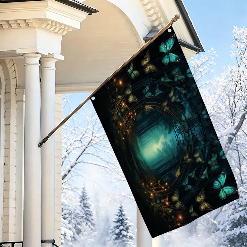 2D Flat - 2D Flat - 1pc 2D Flat, Decorative Flag, Dreamy Forest Blue Butterfly Arch Pattern Flag, Artistic Nature Scenery Hanging Banner, Wall Decorat