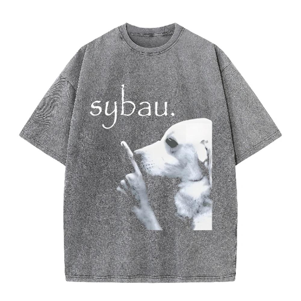 2026 Vintage Washed Grey T Shirt Sybau Funny Shush Dog Portrait Graphic Unisex Casual Streetwear Tee