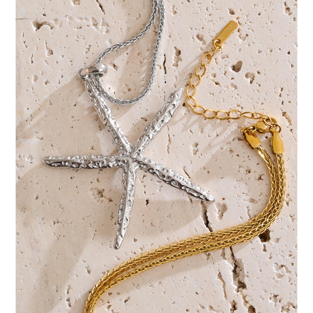 Yhpup Ocean Style Stainless Steel Metal Starfish Pendant Necklace Waterproof 16K Gold&Platinum Plated Summer Beach Trend Jewelry