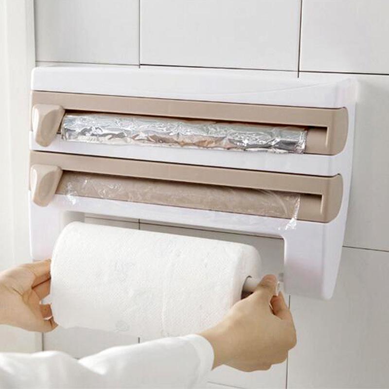 Настенная многофункциональная кухонная стойка для хранения пластиковой пленки и рулонов бумаги