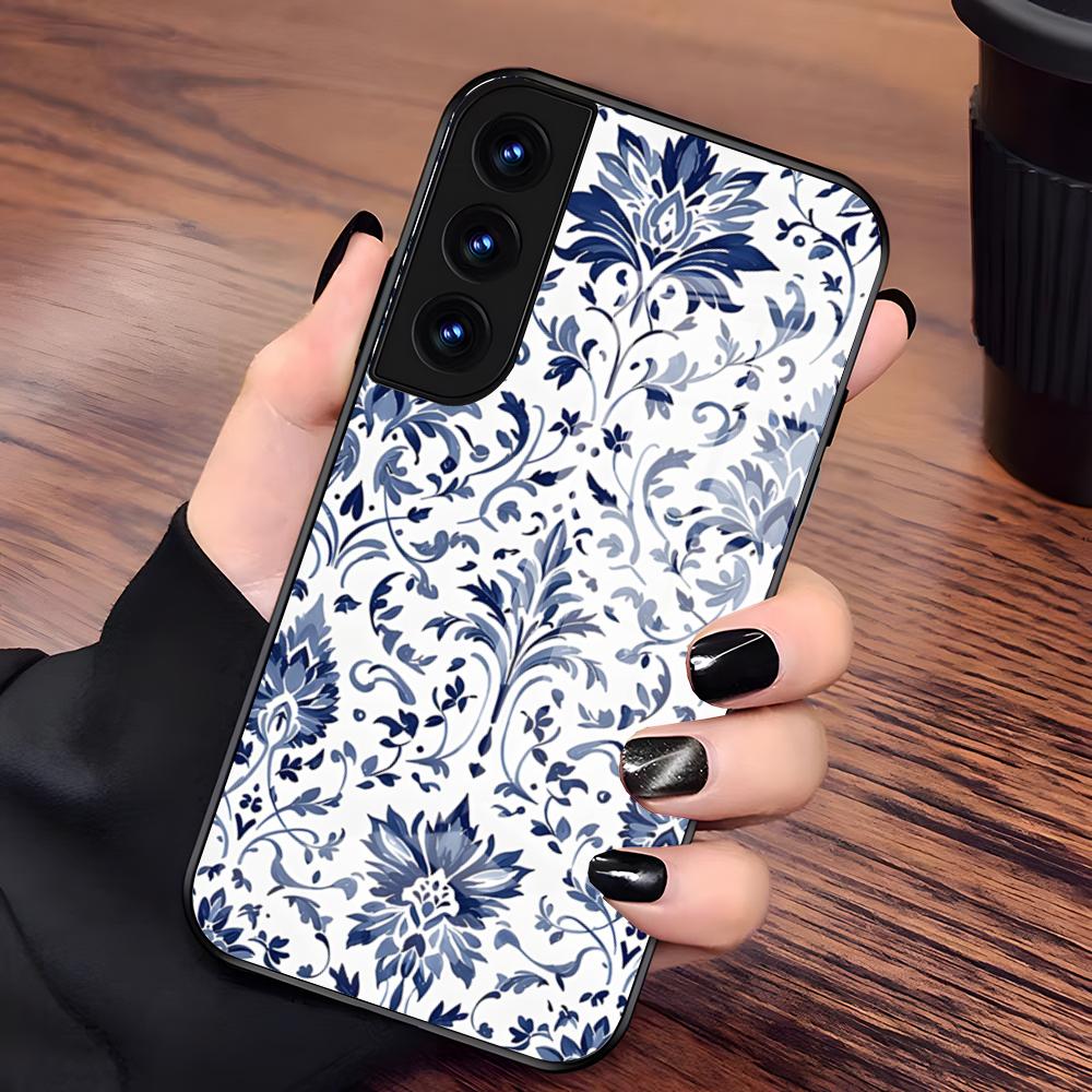 Сине-белая фарфоровая чехол-накладка для Samsung A27 A37 A33 5G A54 A36 A35 A56 A52 A17 Ударопрочная стеклянная крышка