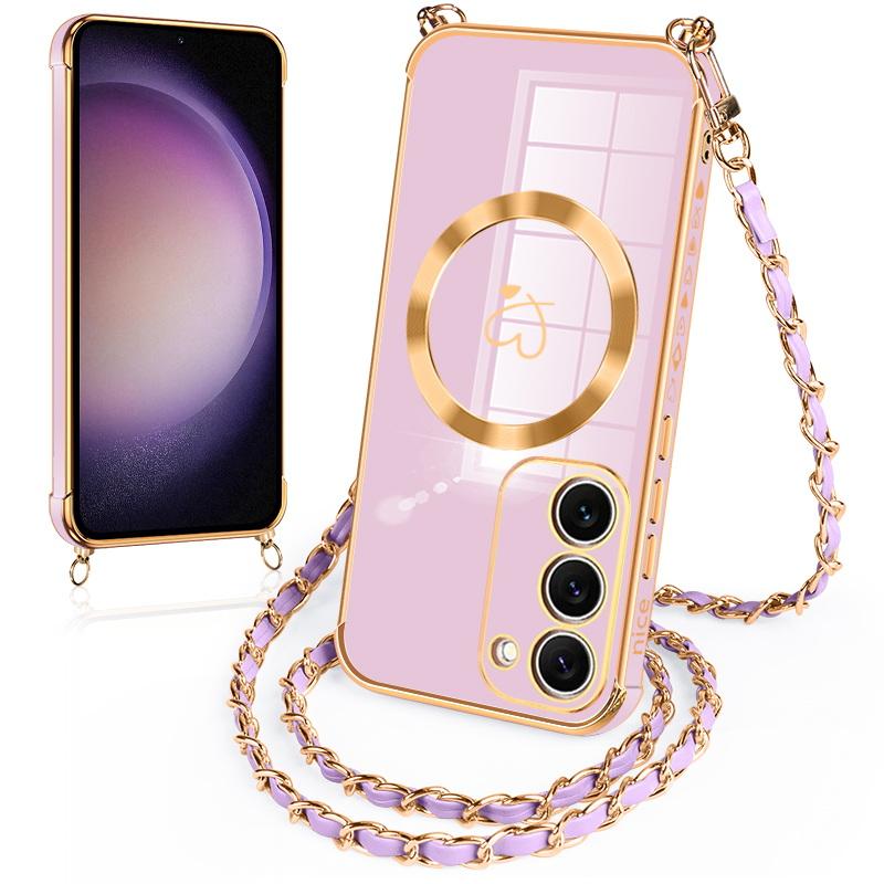 Для iPhone 17 16 Pro 15 14 Pro Max 13 Samsung S25 S24 Ultra S23 FE S22 S21 Чехол с гальваническим покрытием в виде сердца любви Для Magsafe Магнитный чехол для телефона с веревкой через плечо