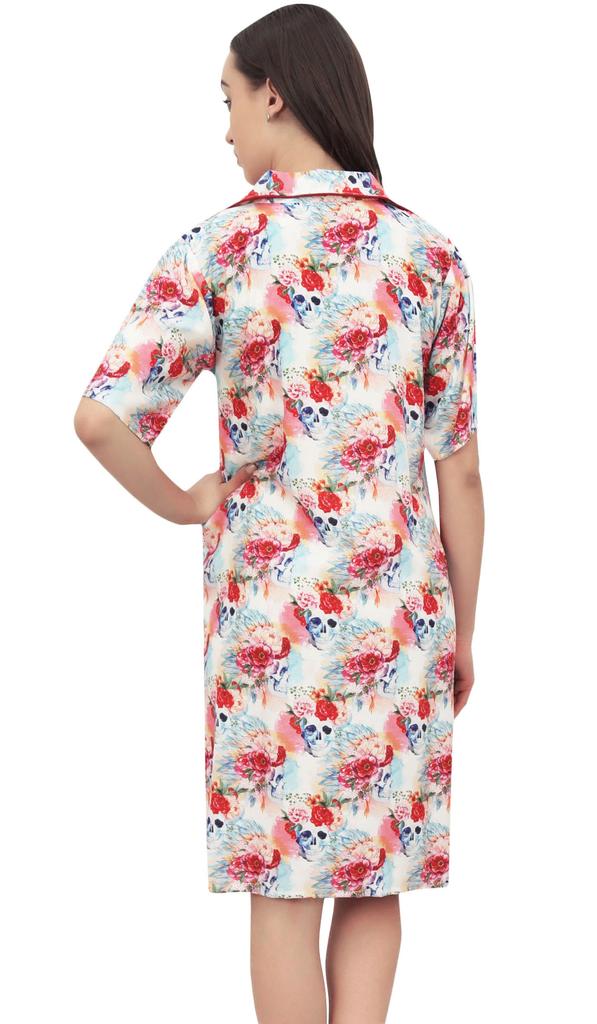 Bimba Floral Printed Women's Notched Collar Shirt Night Dress With Pockets -