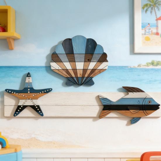 3 шт. Деревянная Рыба Ракушка Морская Звезда Пляжное Настенное Украшение Рустикальное Морское Украшение для Домика у Озера Подвесная Скульптура Океанская Прибрежная Тема Настенное Искусство для Ванной Комнаты Спальни