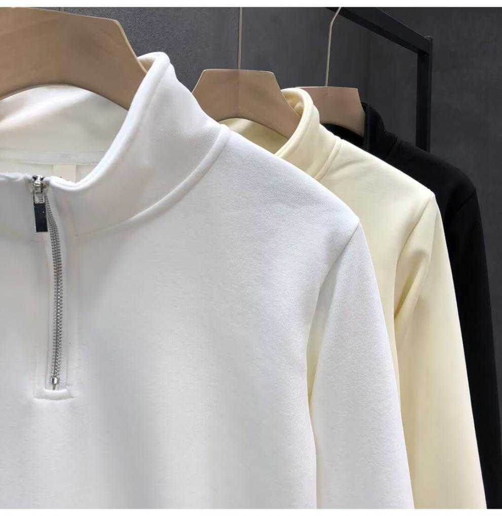 Hong Kong-Style Men's Retro Streetwear Solid Color Half-Zip Long Sleeve Hoodie