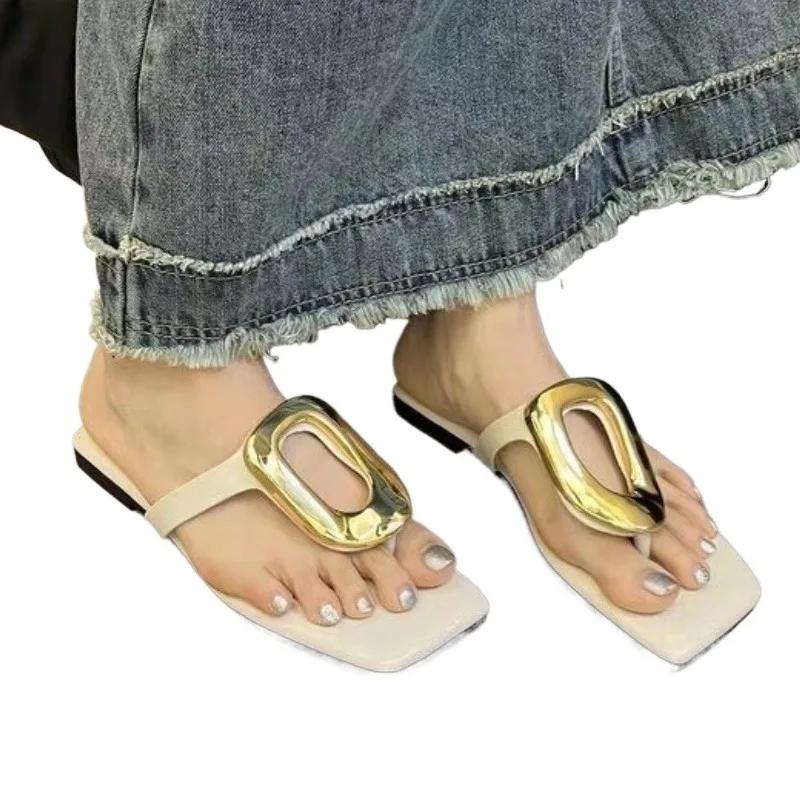 Fashion Ladies Shoes New Square Toe Women's Slippers Summer Metal Decoration Pinch Toe Solid Outdoor Casual Flat Comfortable Slippers