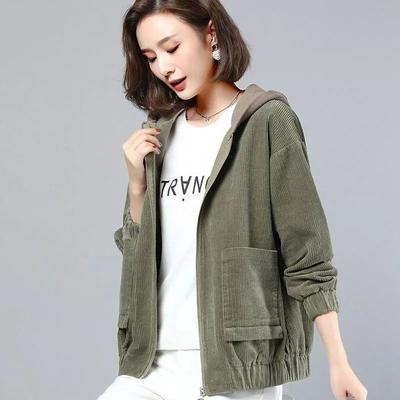 Женская вельветовая куртка Весна Осень Свободная Мама Корейская версия С капюшоном Короткое Тонкое Пальто Большого размера Повседневный стиль