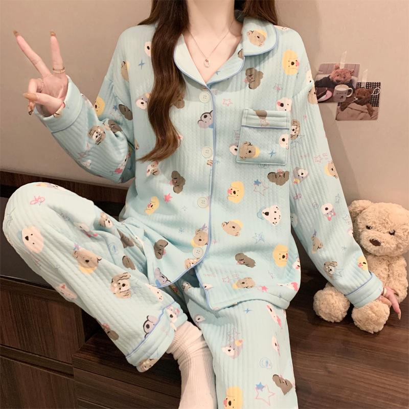 Korean version autumn and winter sweet striped cartoon ins wind air cotton sandwich warm pajamas set loungewear