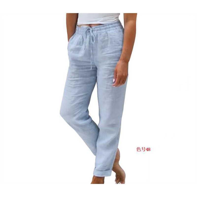Womens Cotton Linen Wide Leg Pants Elastic Waist Loose Casual Trousers Daily Wear