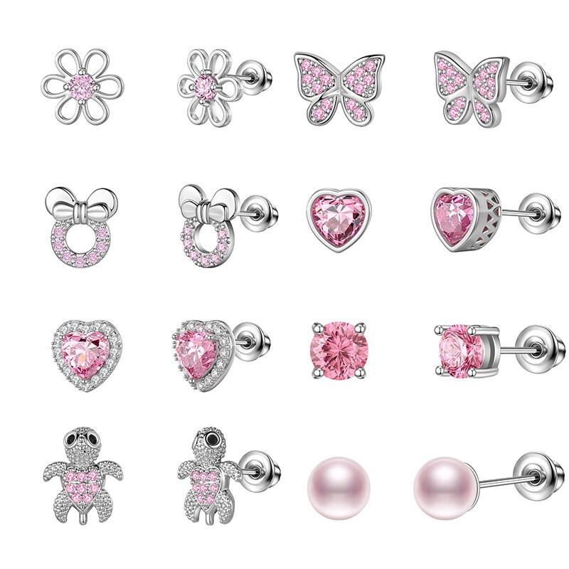 8 Pairs Hypoallergenic Stainless Steel Stud Earrings Heart CZ Tiny Butterfly Kids' Summer Party Body Zircon Perfect Gift for