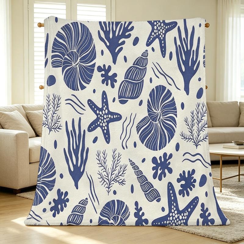 Ocean Themed Flannel Blanket Lightweight Soft Blue & White Throw for Home, Sofa, Window Seat, Halloween & Christmas Decor & Warmth