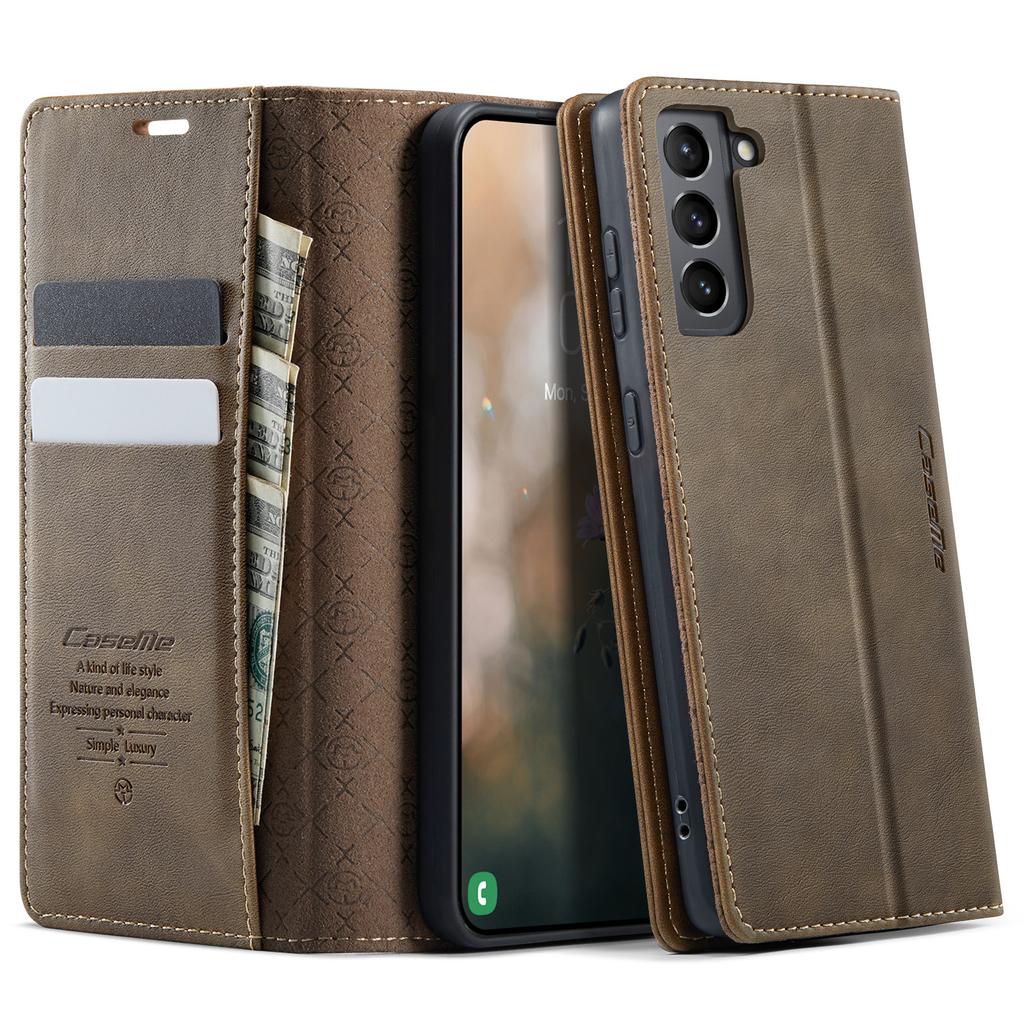 For Samsung Galaxy S21 FE 5G Case CASEME 033 Series RFID Blocking Wallet Stand Calf Texture Leather Phone Cover