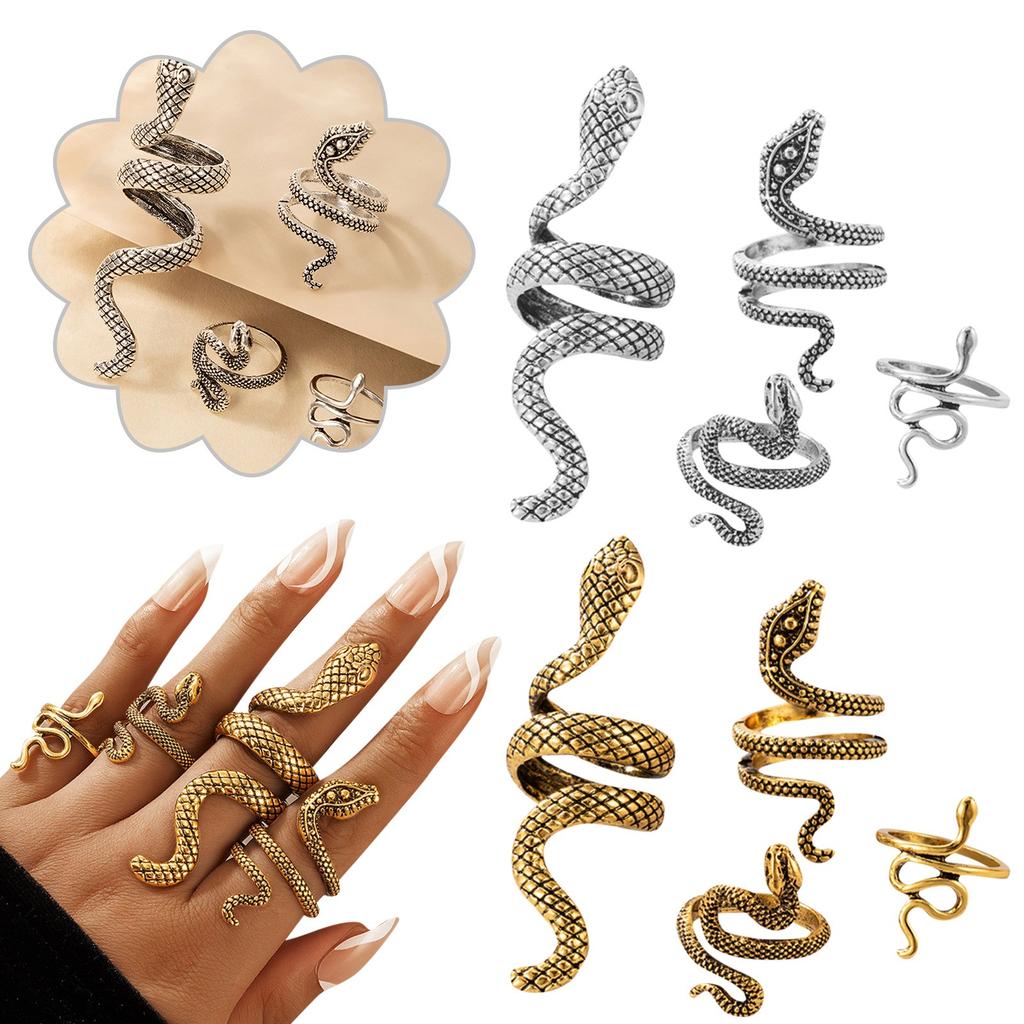 Snake Print Ring Punk Wind Snake Animal Retro Exaggerated Four-Piece Ring