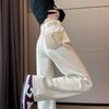 Женские джинсы с цветовыми блоками цвета Off-White, с высокой талией, широкими штанинами - Petite, для весны/осени, прямой крой.