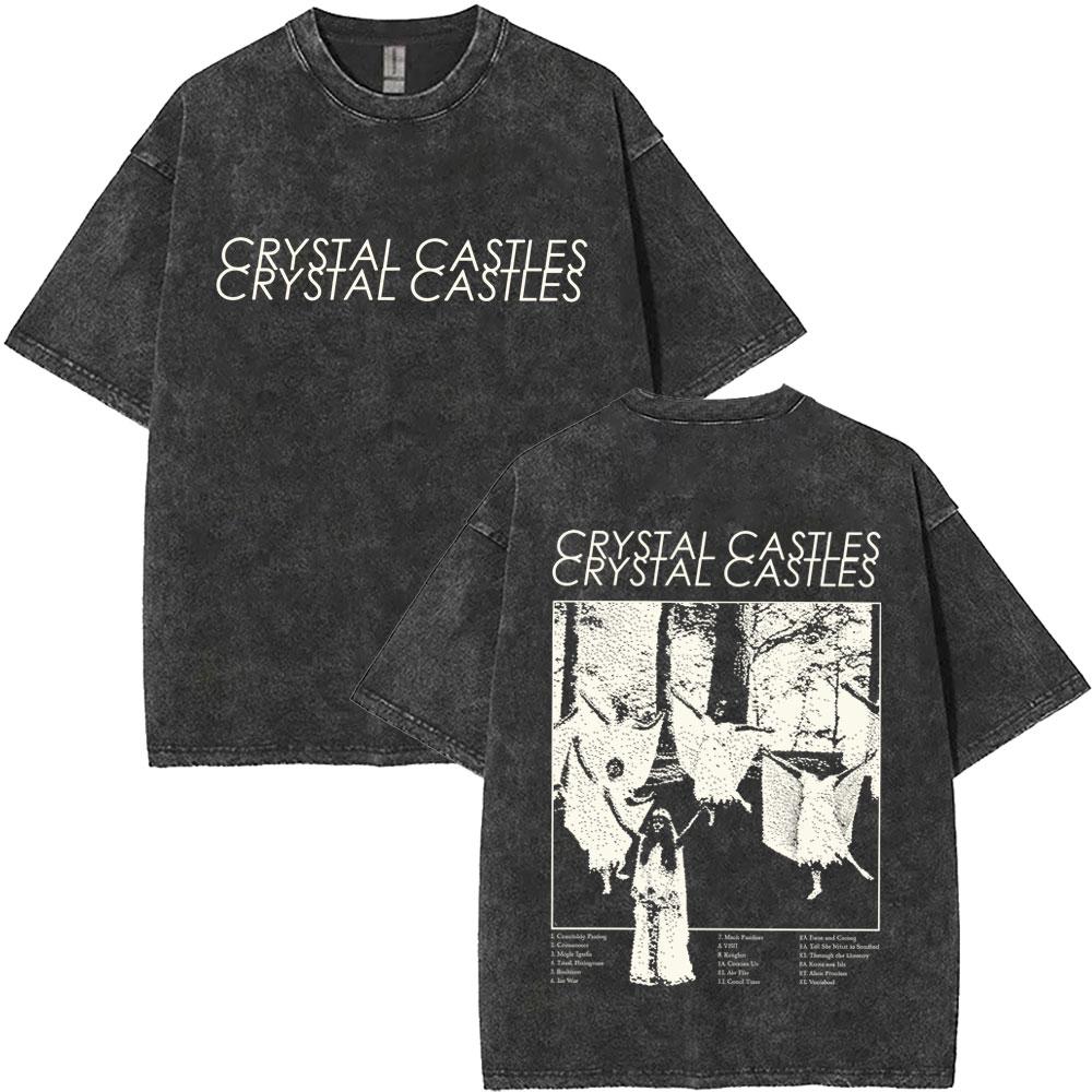Стирка Винтажная Графическая Футболка Crystal Castles Мужская Женская Ретро Готик Рок Оверсайз Футболки Мужские Высококачественные Хлопковые Футболки