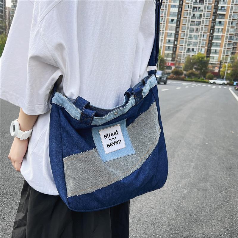 Large Capacity Tote Bag Women's Denim Patchwork Crossbody Bag Shopping Bag