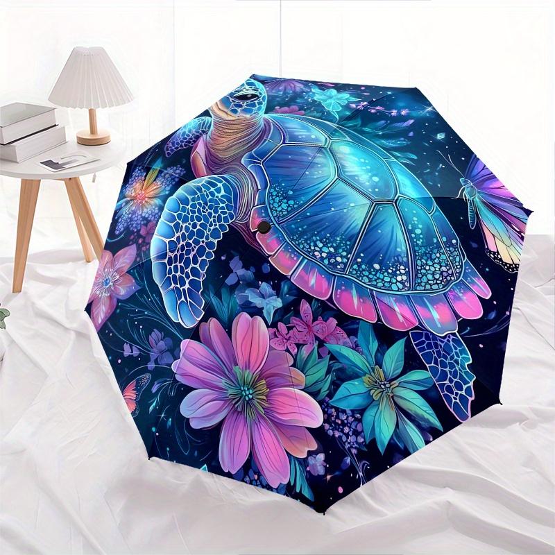 Sea turtle, Floral fantasy Automatic Folding Umbrella 8 Ribs, Durable Iron Frame, Bright Color Pattern Compact Travel Umbrella, Suitable fo