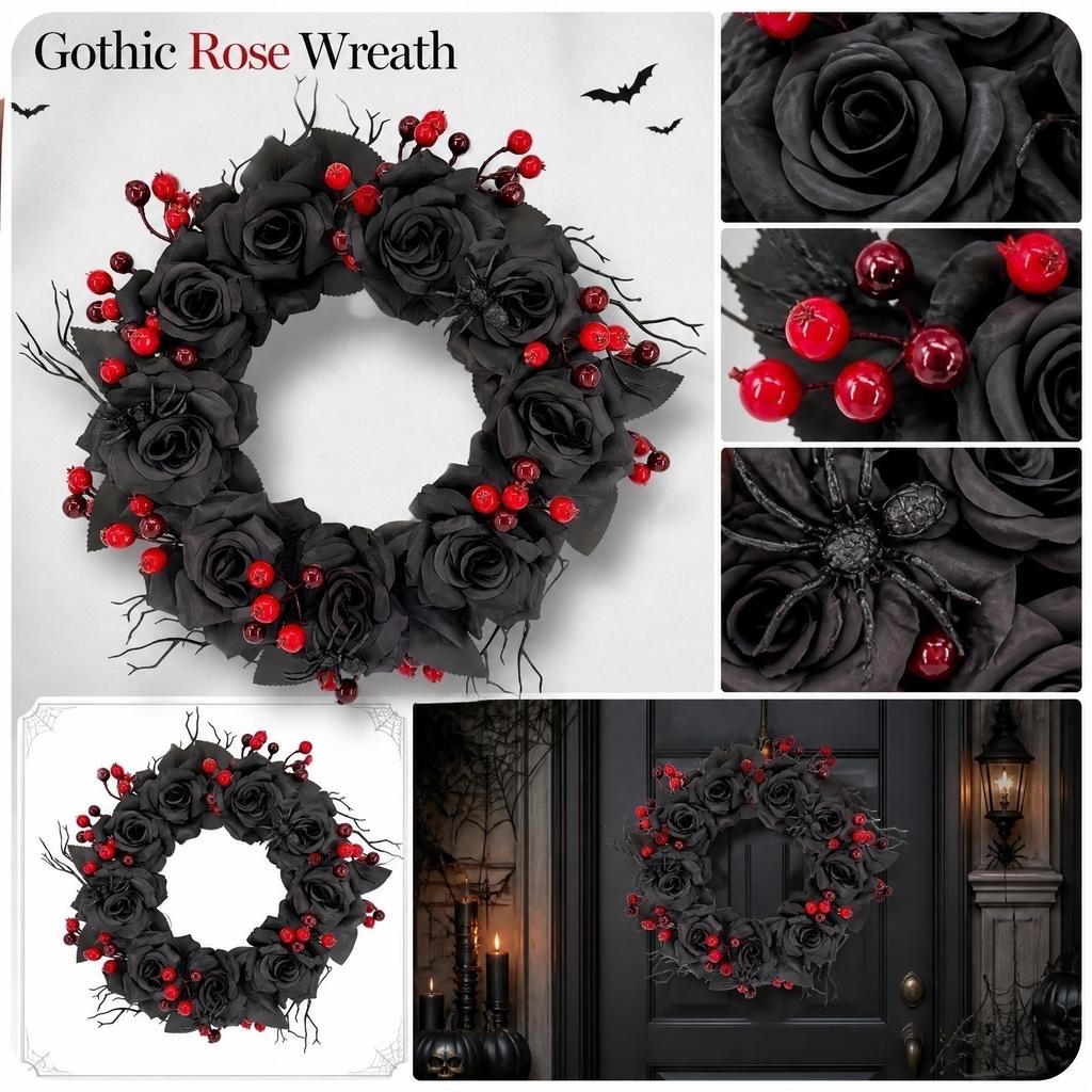 40cm Artificial Rose Branch Wreath with Simulated Spider and Berry Accents for Halloween Party Door Wall Window Decoration