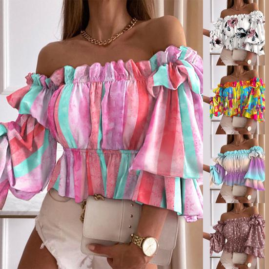 Многослойный топ с открытыми плечами, красочная плиссированная женская рубашка с расклешенными рукавами