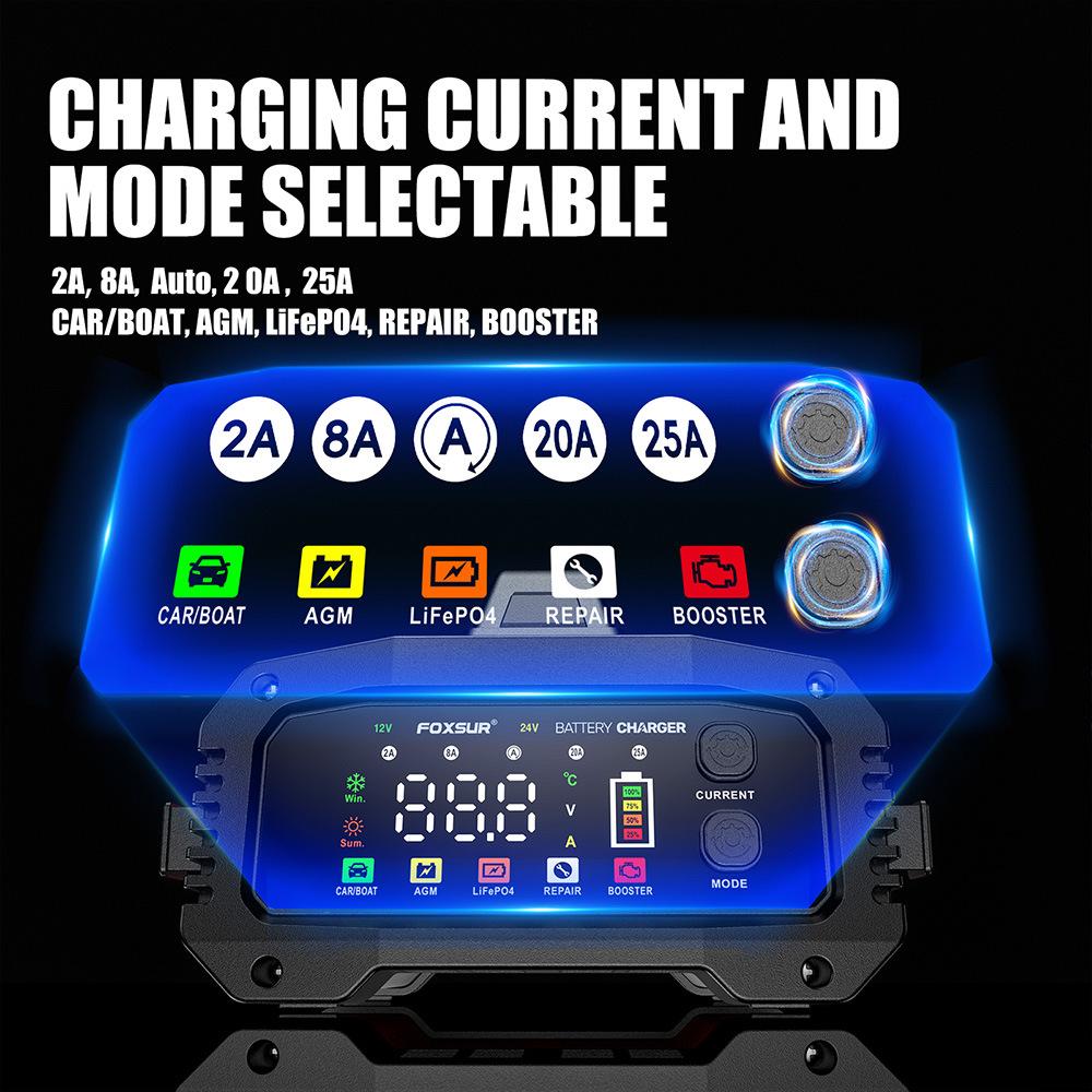 FOXSUR Portable Smart Car Battery Charger for 12V 24V 25Amp Cars LiFePO4 AGM Gel Lead Acid of Motorcycle Truck Boat with Booster