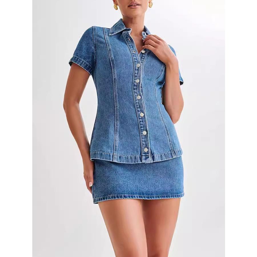 IHUASU Женский комплект из джинсовой ткани в современном стиле с короткими рукавами, застежкой на пуговицы и высокой талией, с короткой юбкой