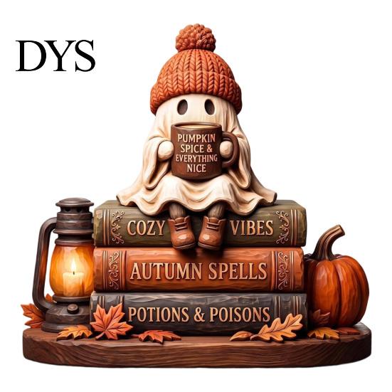 Handmade Carved Wood Figures Wooden Autumn Figurine for Thanksgiving And Halloween Decor, Retro Fall Reading Character Ornaments Table Decor