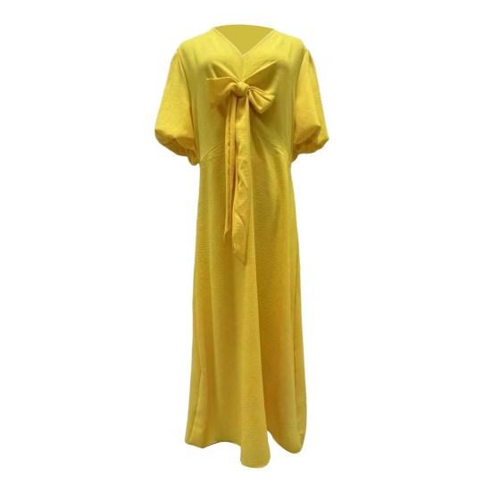 Летнее платье макси с V-образным вырезом, шнуровкой на талии, рукавами-фонариками, однотонное, свободное