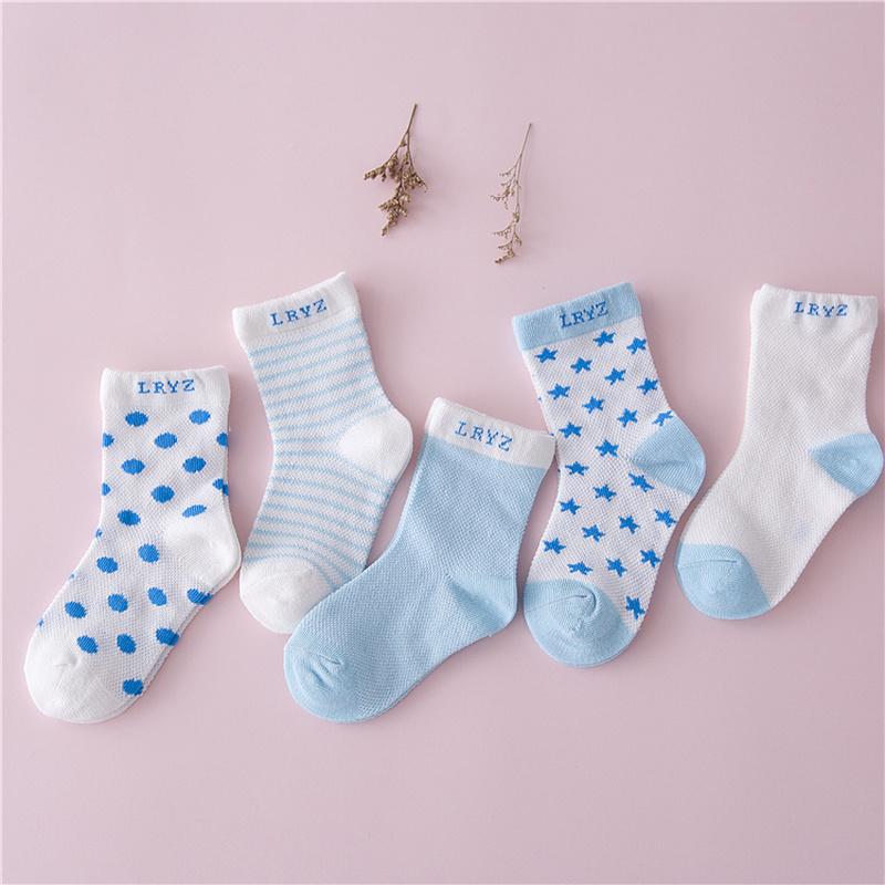 5 Pairs Summer Mesh Cotton Baby Socks Dots Stripes Plain Breathable Toddler Kids Socks For Newborn Boys Girls Age 0-6 Years