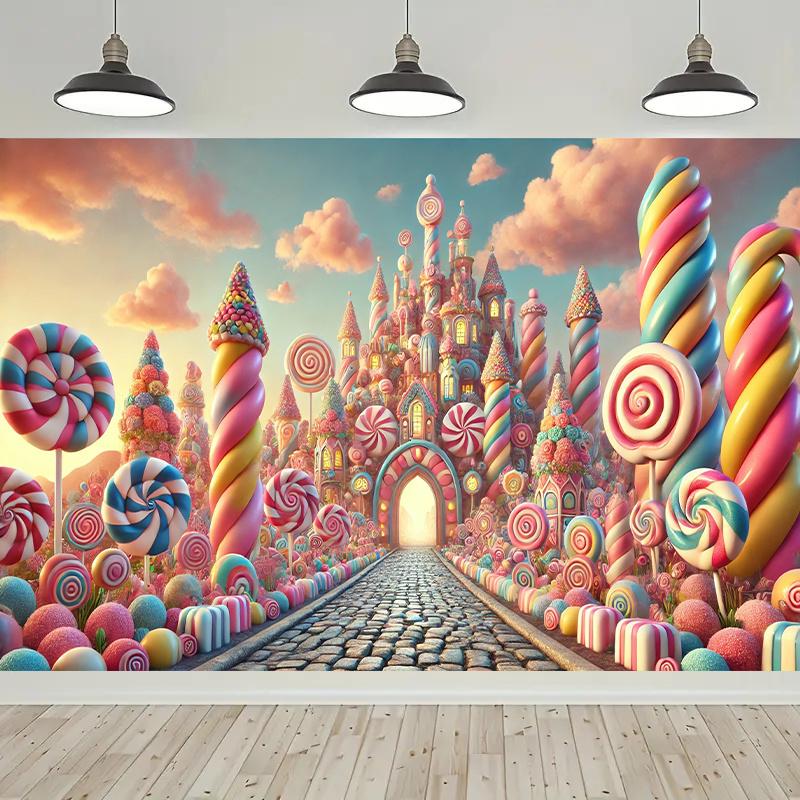 2D flat banner Whimsical candy castle rainbow lollipop and sweet marshmallow designs ideal home and office decoration