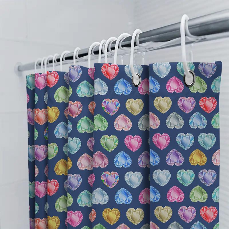 Colorful Gem Shower Curtain Set Bath Decor with Heart Shape Design Washable Fabric for Bathroom Various Colors Available