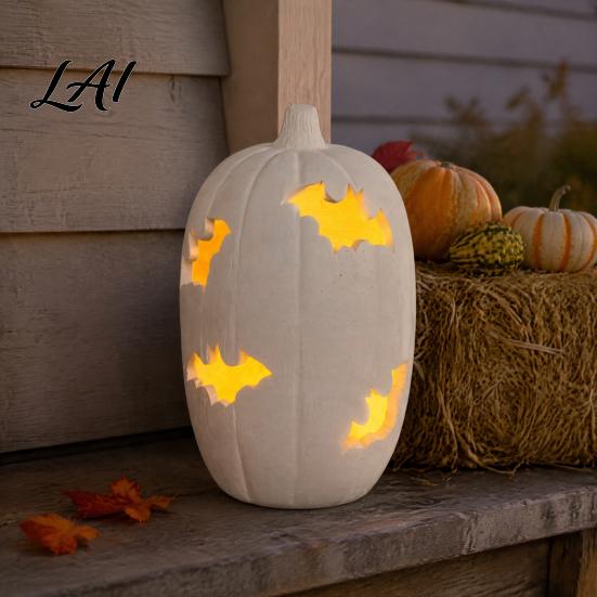 Horror Theme Gifts Halloween Pumpkin Resin Figurine Bat Hollow Out Lantern with Vintage Style Ornaments Warm Light Spooky Indoor Outdoor Home Table