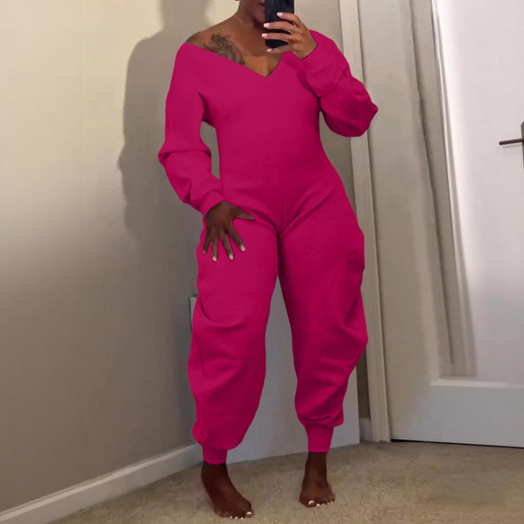 Women's Solid Color Jumpsuit Flared Pants Tight V-neck Sexy Long Sleeved Jumpsuit