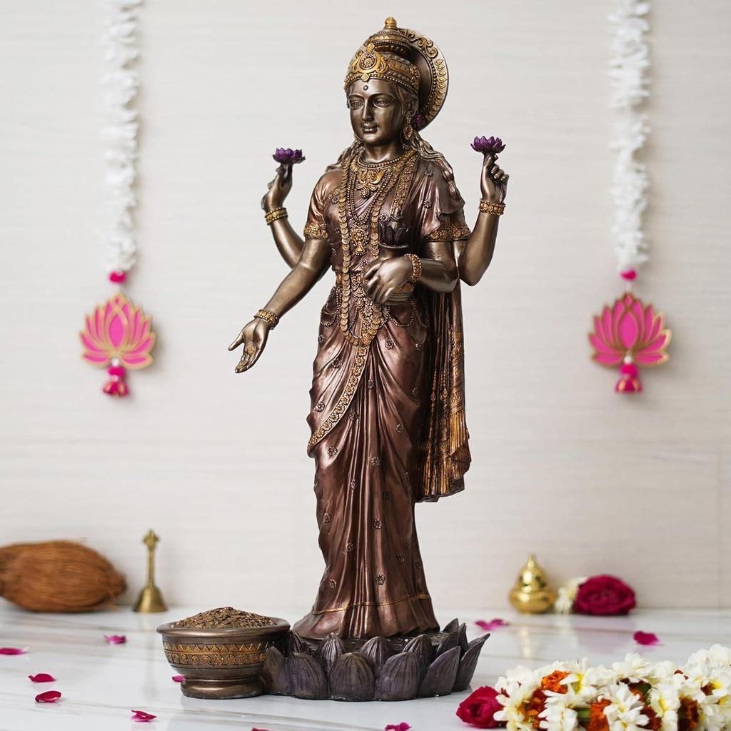 Бронзовая статуэтка богини Лакшми, стоящая на цветке лотоса с горшком для денег, декоративная статуэтка для подарка