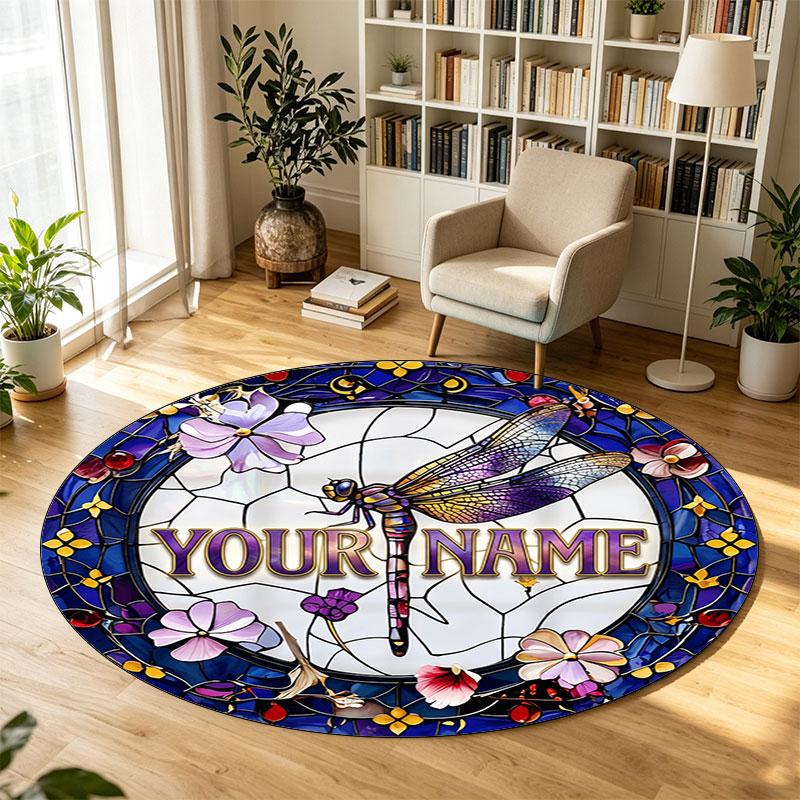 Butterfly Moth Dragonfly (1) Theme Circular Crystal Velvet Carpet Customized Name & Text Round Soft Floor Rug For Living Room Bedroom Decor