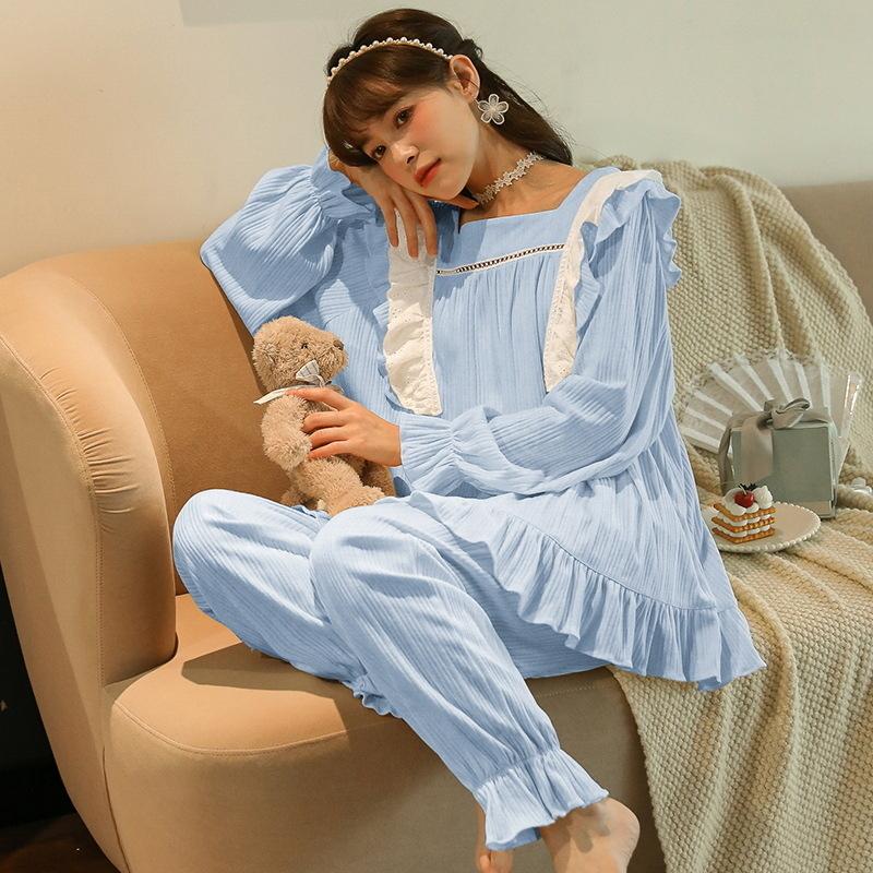 Autumn Winter Women Korean Temperament Retro Sweet Long-sleeved Cotton Pajamas Set Nordic Fashion Palace Style Princess Style Home Clothes
